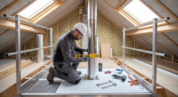 Artisan chauffagiste en vêtements professionnels travaillant à l'installation d'un conduit de fumée métallique sur un chantier résidentiel. L'artisan est visible en train de mesurer, aligner ou fixer les sections de tube de conduit, avec des outils à proximité. La scène montre clairement l'aspect technique de la pose et du tubage, dans un environnement intérieur en cours de travaux, mettant en évidence l'expertise métier de la pose de conduits.