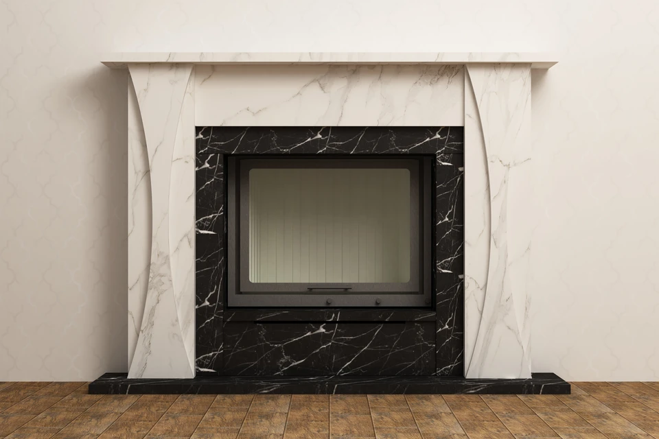 Intérieur résidentiel moderne avec cheminée encastrée à foyer fermé