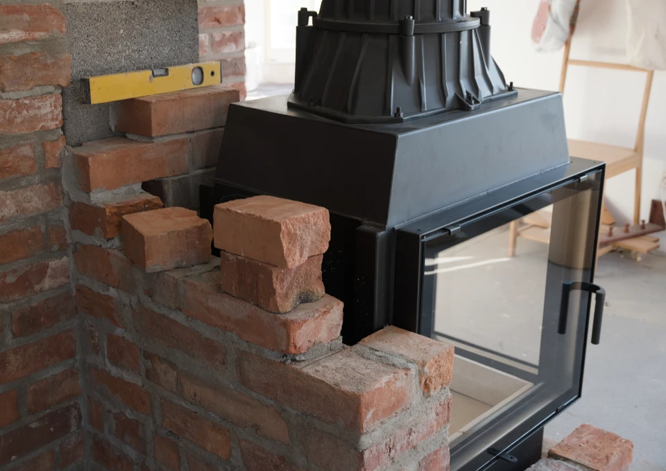 Chantier de construction d'insert de cheminée en briques réfractaires