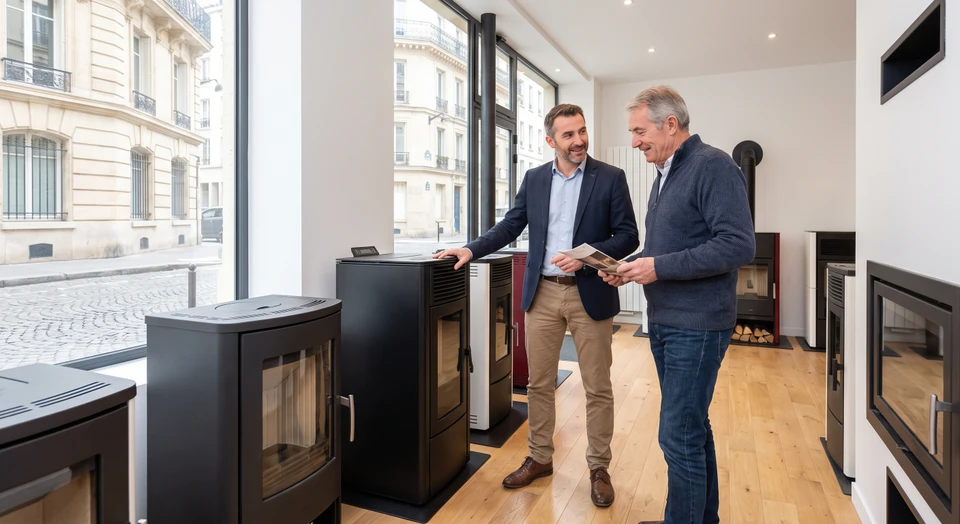 Un client en consultation avec un expert de L'Univers du Feu dans le showroom, examinant ensemble un poêle à granulés ou un poêle à bois. L'expert pointe ou explique les caractéristiques de l'appareil au client attentif. La scène doit montrer l'interaction professionnelle et le conseil personnalisé, en contexte de boutique ou showroom, illustrant l'accompagnement client décrit dans la section.