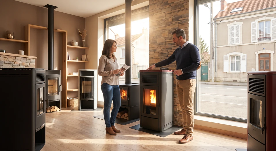 Showroom moderne d'une entreprise de chauffage : intérieur lumineux présentant plusieurs modèles de poêles à bois et poêles à granulés exposés dans un espace accueillant. Décoration chaleureuse avec un ou deux modèles allumés créant une atmosphère de confort. Client et vendeur en discussion professionnelle devant les appareils, examinant les caractéristiques d'un poêle. Photographie réelle de jour, qualité professionnelle, ambiance chaleureuse et accueillante montrant le contexte d'un accompagnement commercial en showroom.