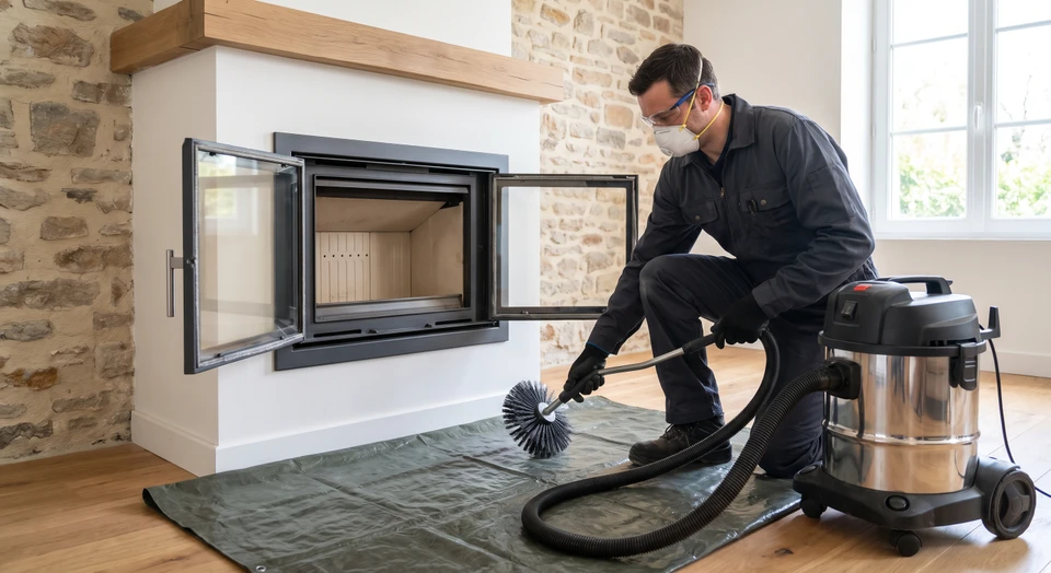 Professionnel en tenue de travail (vêtements de couleur foncée adaptés au métier) effectuant l'entretien d'un foyer ou insert de cheminée, utilisant des outils de ramonage/nettoyage professionnels. L'intérieur d'une maison, un foyer ou insert visible en gros plan, montrant l'expertise et le professionnalisme du ramoneur qualifié dans son intervention d'entretien.