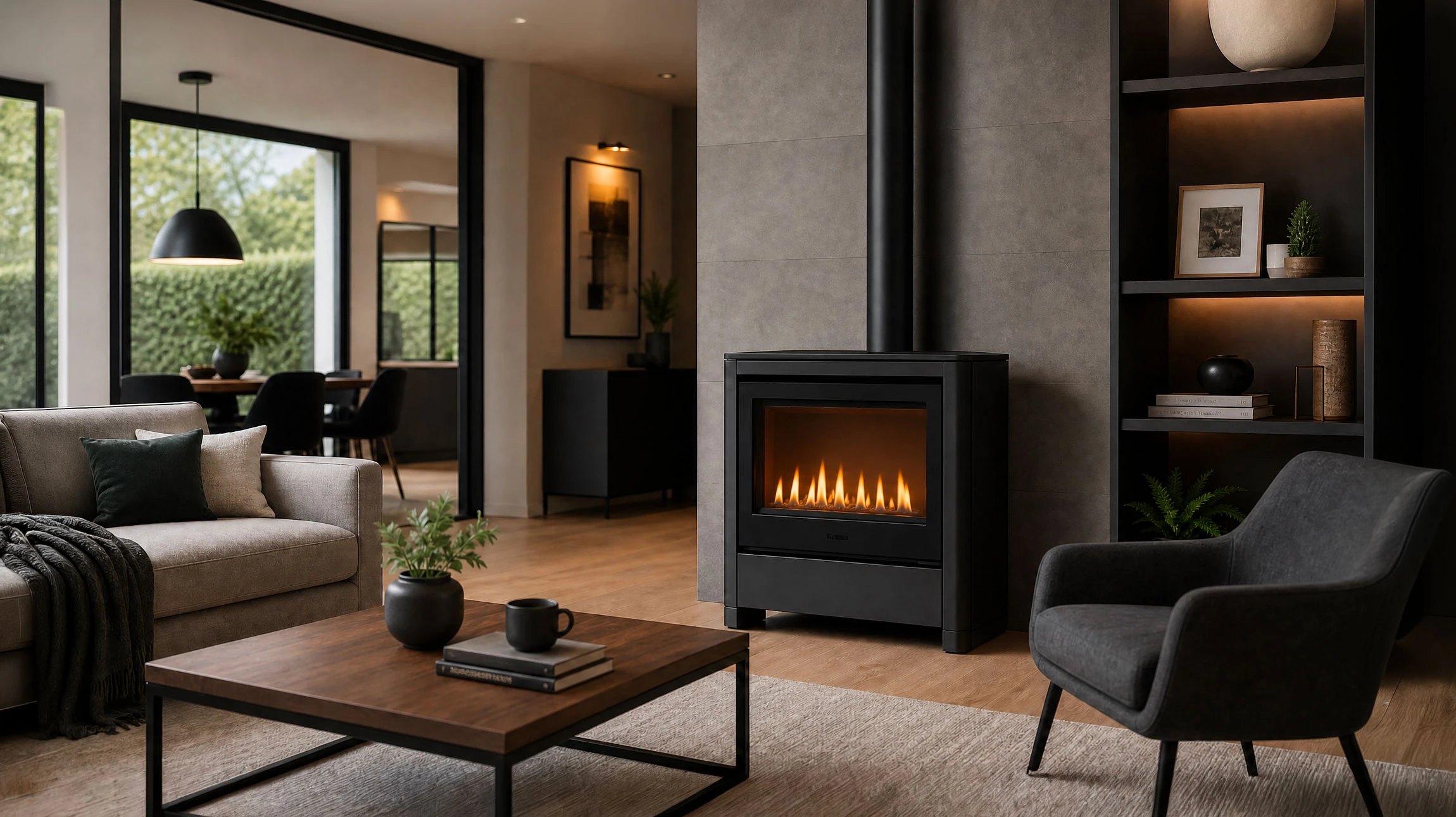 Cheminée moderne d'intérieur avec foyer linéaire à gaz, flammes bleues et jaunes s'élevant de roches volcaniques décoratives