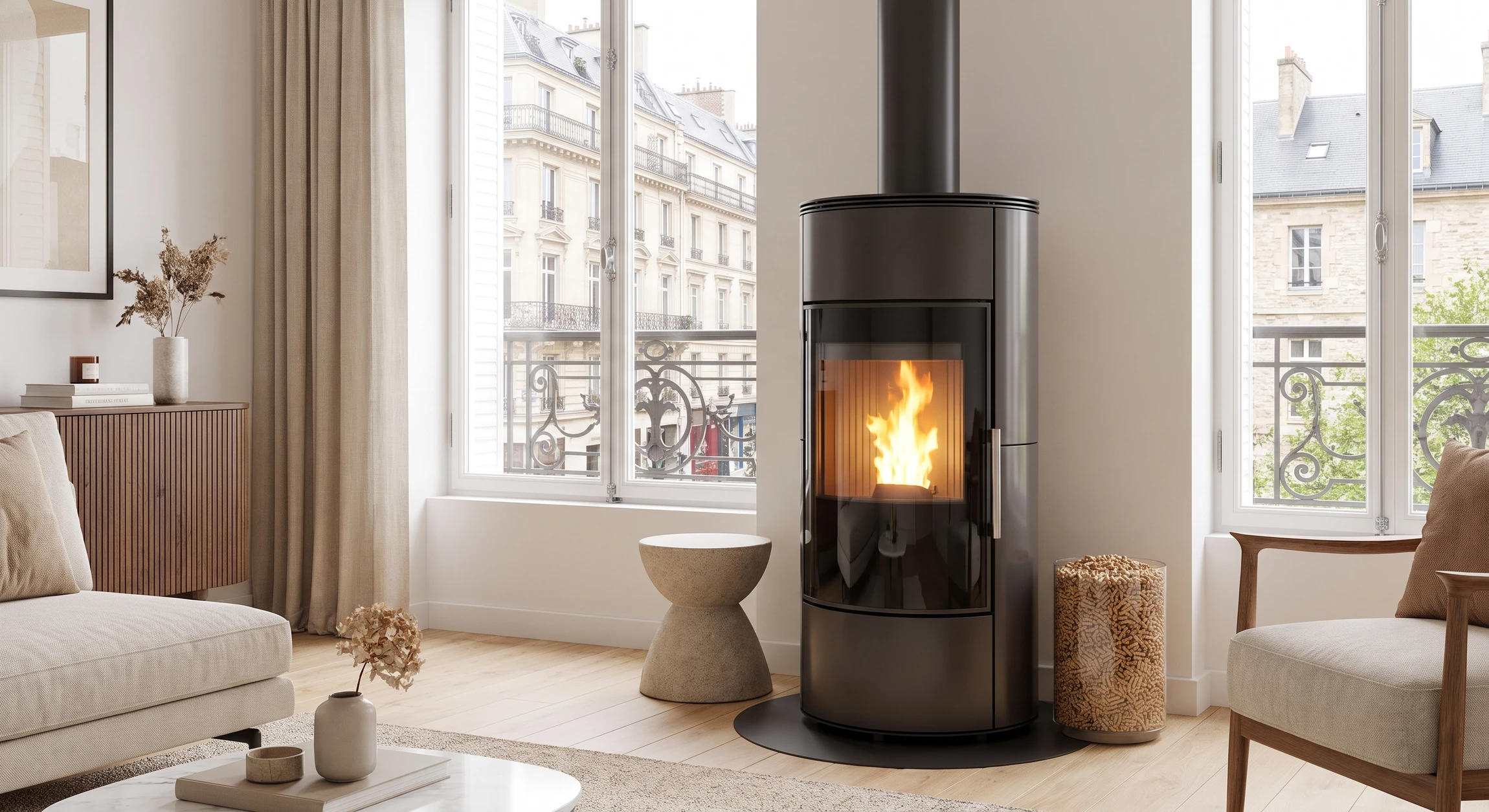 Intérieur moderne avec poêle à bois noir en fonte installé sur pieds, flammes visibles par la vitre, conduit d'évacuation vertical