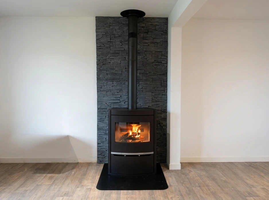 Poêle à granulés design cylindrique noir mat installé dans un salon moderne au parquet chêne clair