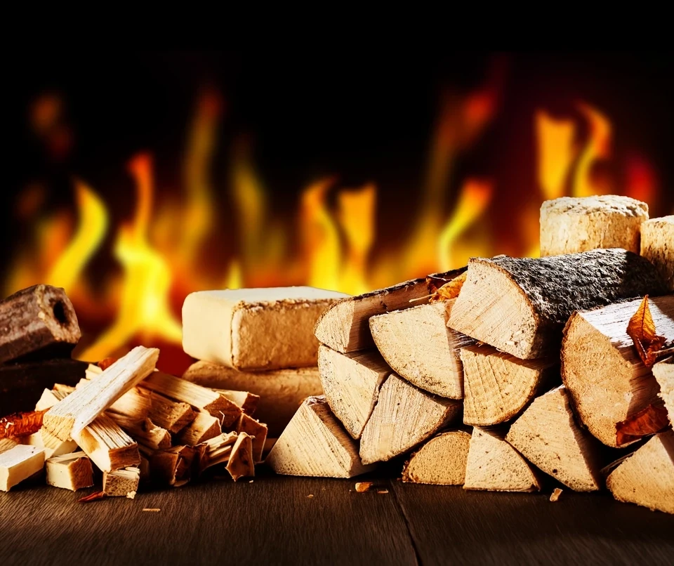 Intérieur chaleureux avec cheminée en flammes, bûches de bois empilées au premier plan